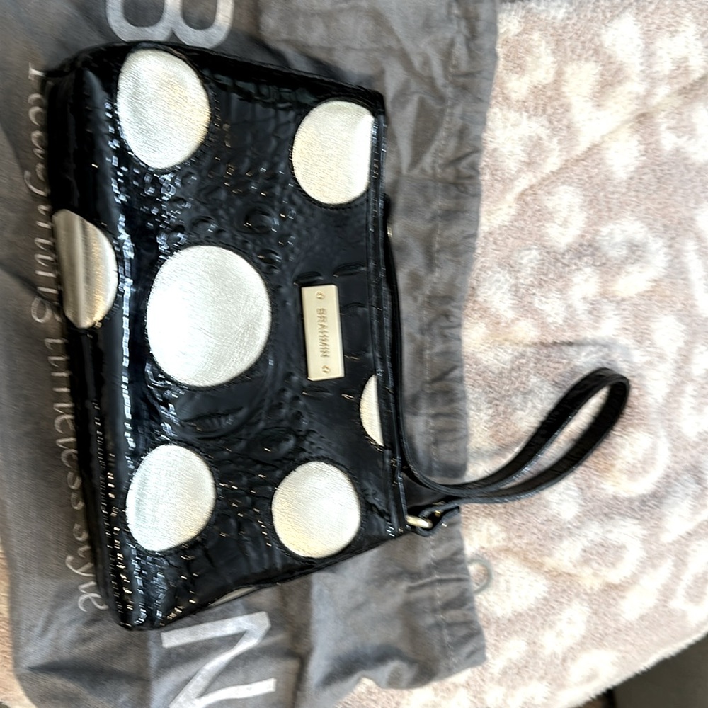Brahmin Anytime Mini handbag in gold holiday dot color. Black and gold.